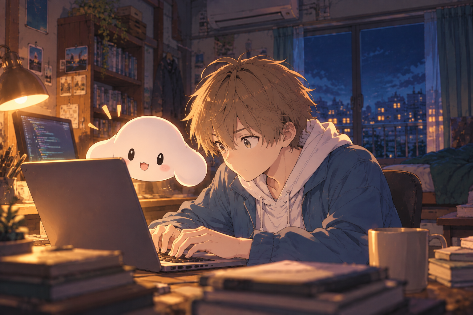パピと一緒に、部屋でアプリを開発するトモキ。