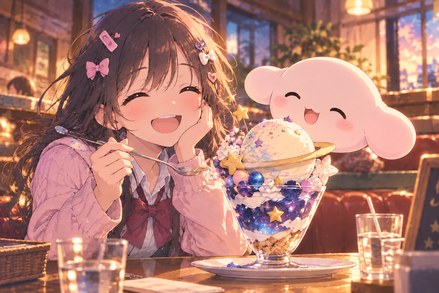 パフェを囲んで笑うココミとプペ。