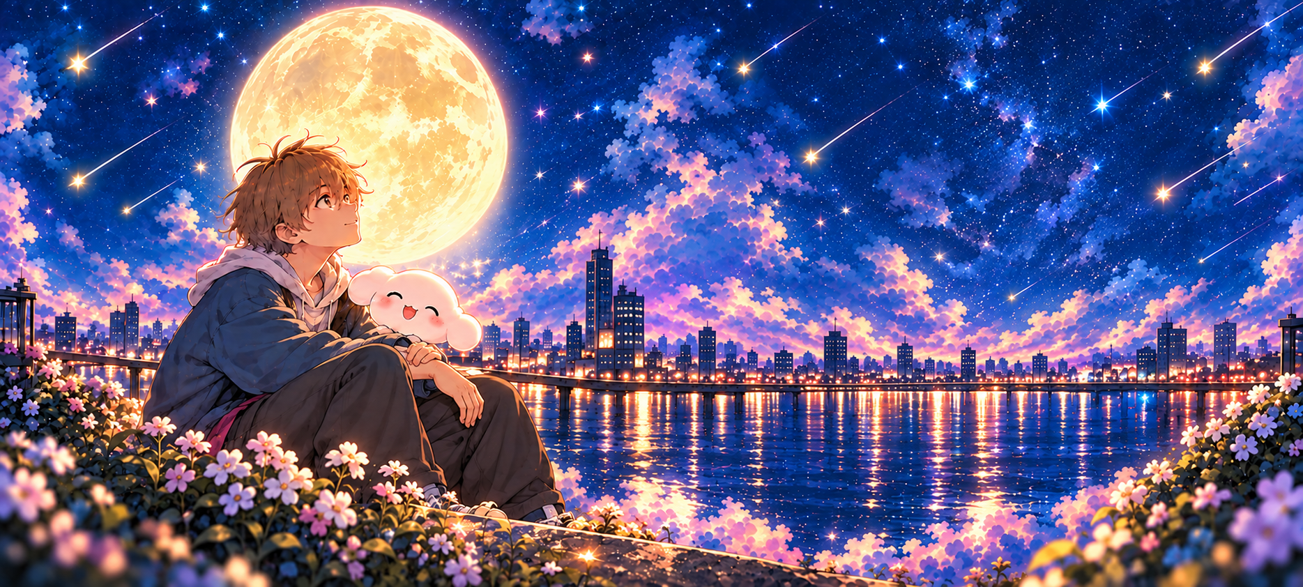 大きな月と流星が輝く夜空。河原に座るトモキとパピ。