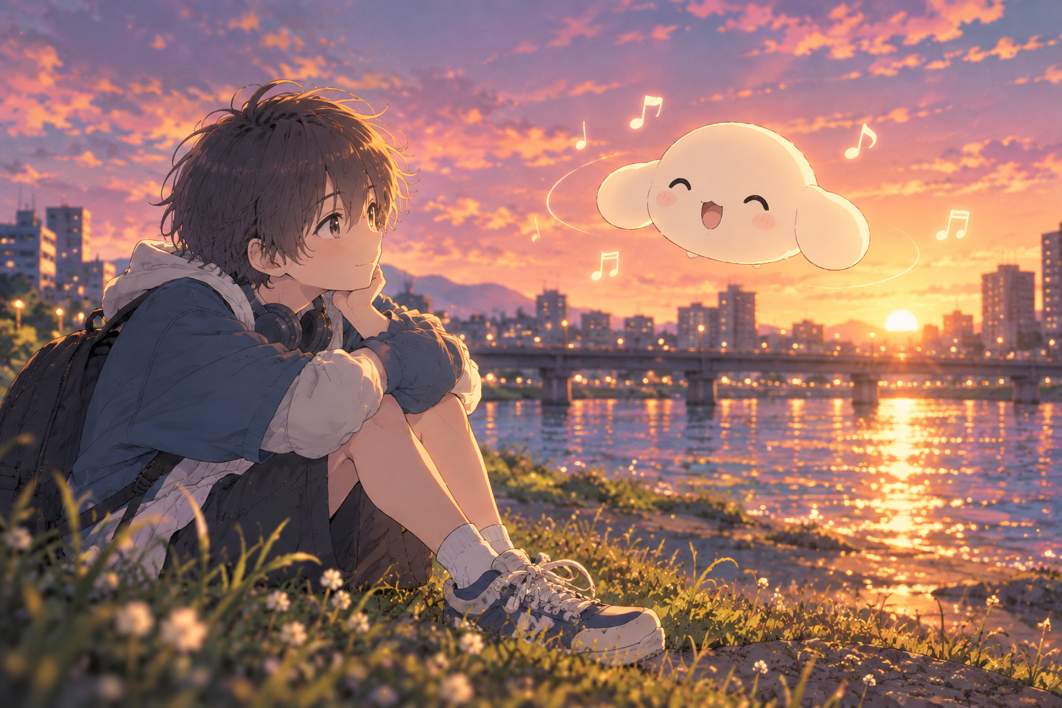 夕暮れの河原で音を交わすススムとポー。